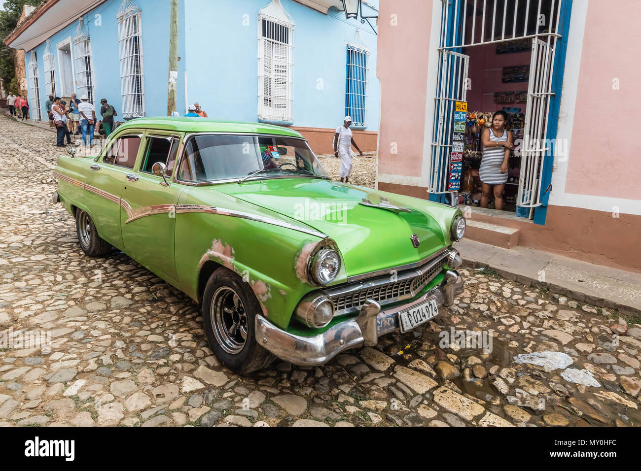 A vintage 1950's American car working as a taxi in the UNESCO World Heritage town of Trinidad, Cuba. Stock Photo