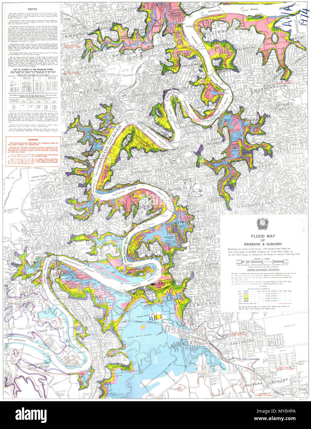 Flood map of Brisbane and suburbs, delineating the extent of. The digital image for this map was cut into two parts due to the size of the original map. They have been reassembled for ease of viewing online.  The 1974 Brisbane flood occurred in January 1974 in Brisbane, Queensland, Australia. It took place when the waterways in the city experienced significant flooding. The Brisbane River, which runs through the heart of the city, broke its banks and flooded the surrounding areas.  In total, there were 14 fatalities, 300 people injured, 8000 homes destroyed and an estimated A$68 million in dam Stock Photo