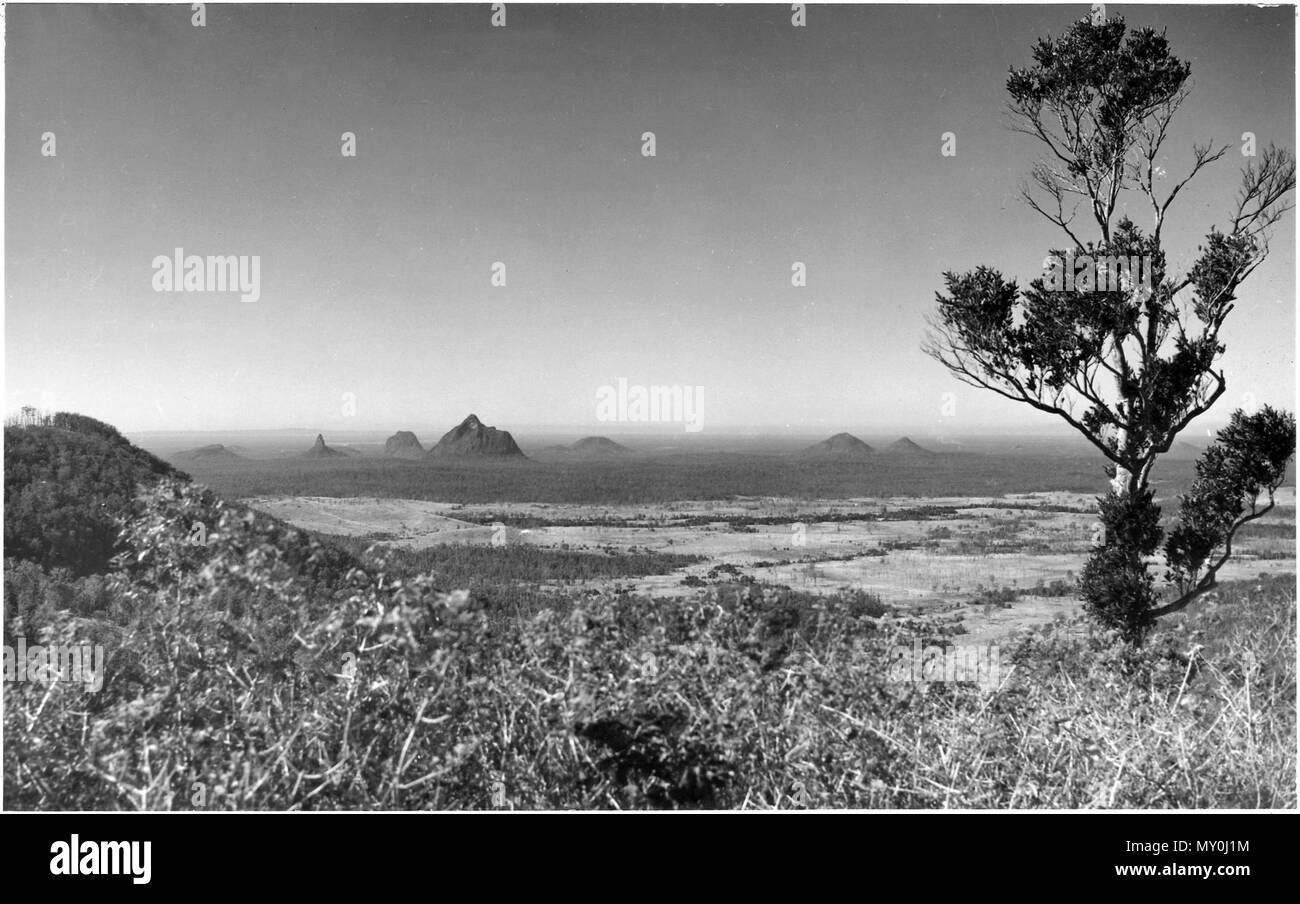 Glasshouse Mountains from Maleny, July 1959. These hills lie but a little inland, and not far from each other: they are remarkable for the singular form of their elevation which very much resembles a glass house, and for this reason I called them the Glass Houses: the northern most of the three is the highest and largest; there are several other peaked hills inland to the northward of these, but they are not nearly so remarkable…  Captain Cook, 1770 Stock Photo