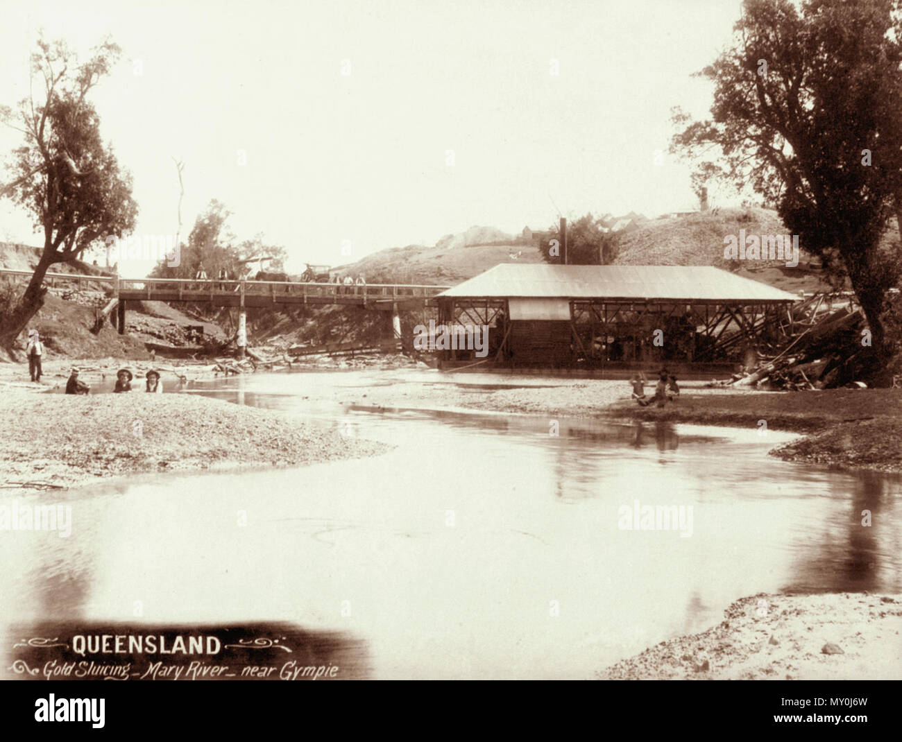 Gold Sluicing, Mary River, near Gympie, c 1896. Gympie was originally