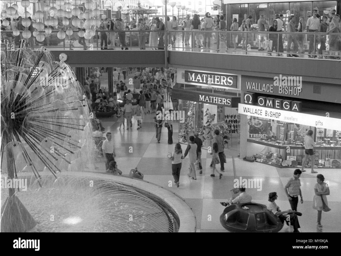 Indooroopilly Shoppingtown, Brisbane, c 1976. Indooroopilly Shoppingtown (now Indooroopilly Shopping Centre) opened in 1970. At its opening, it was reputedly the largest shopping mall in the Southern Hemisphere. Stock Photo