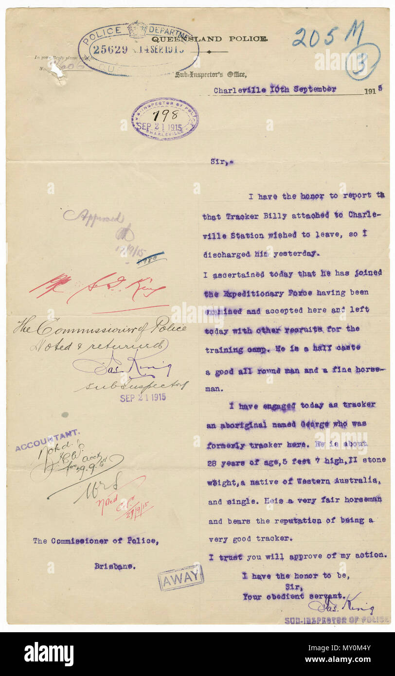Letter to the Commissioner of Police, Brisbane from the Sub-Inspector. William (Billy) Elsdale was one of about 1000 Aboriginal Australians who joined the Australian Imperial Force during the First World War. He is believed to be the first Aboriginal digger to die during action in France Stock Photo
