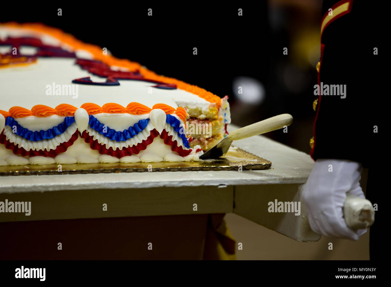 A Marine Corps birthday cake is cut during a cake cutting ceremony at ...