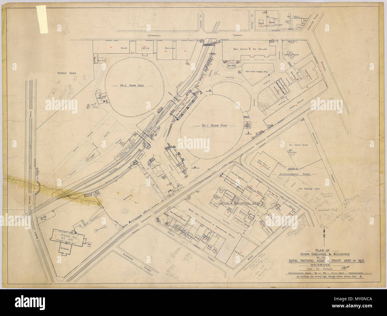 Plan of Show Grounds and buildings, Brisbane, November 1936. A State Government Insurance Office plan of the Royal National Agricultural and Industrial Association Show Grounds and buildings, Brisbane, November 1936. Stock Photo