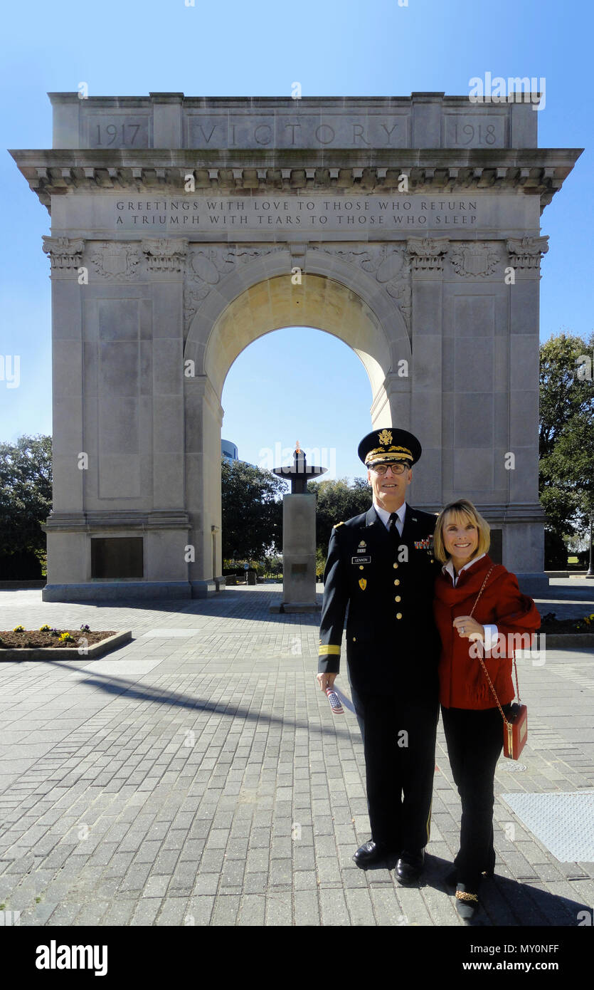 Maj. Gen. Peter S. Lennon, and his wife, Elaine, in front of the World War I Victory Arch, Newport News, Va. Lennon retired in March after serving 40 years in the Army. Lennon’s last assignment was the U.S. Army Reserve Command deputy commanding general for support. He had a storied career as an Army logistician. During his retirement ceremony, Mrs. Lennon was recognized as the first recipient of the prestigious Dr. Mary Walker award for service to miltiary Families. (Courtesy photo/Maj. Gen. Peter S. Lennon) Stock Photo
