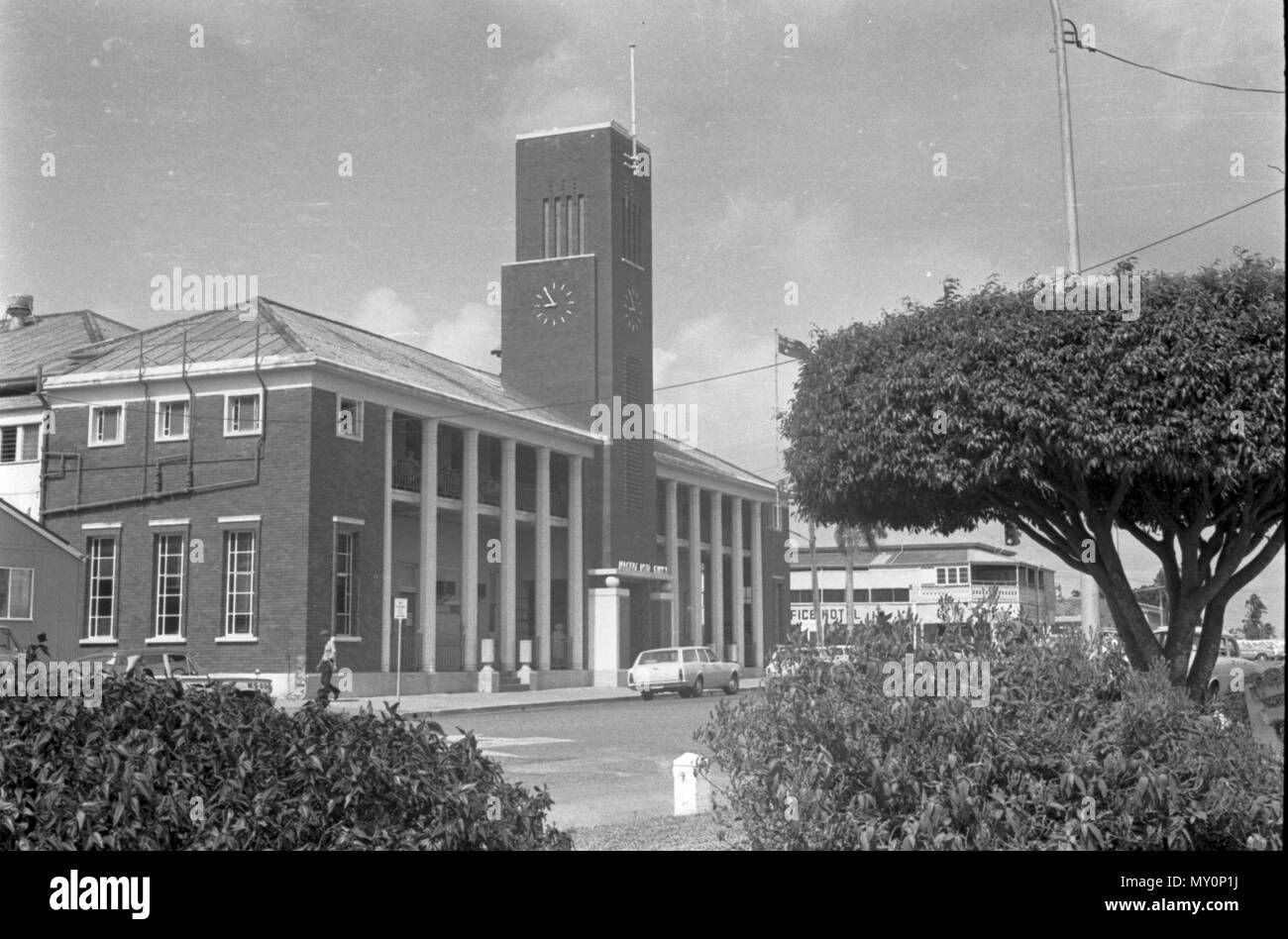 Post Office, Mackay, c 1971. The Mackay Post Office was designed by the Colonial Architect, Francis Stanley, and built in 1883. It was extensively remodelled in 1938 to an understated art deco style. Stock Photo