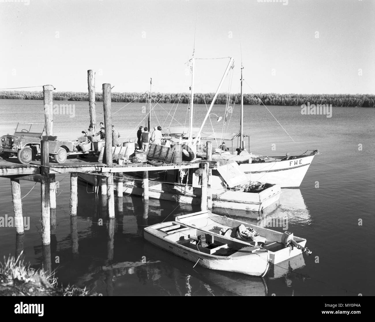 Prawn trawler, Norman River, Karumba, c 1966. When the end of the whaling industry in the early 1960s, the CSIRO suggested the Gulf of Carpentaria could prove to be a good source of prawns. A survey of the Gulf was carried out between July 1963 and August 1965, finding large schools of banana prawns around 32 km offshore. Stock Photo