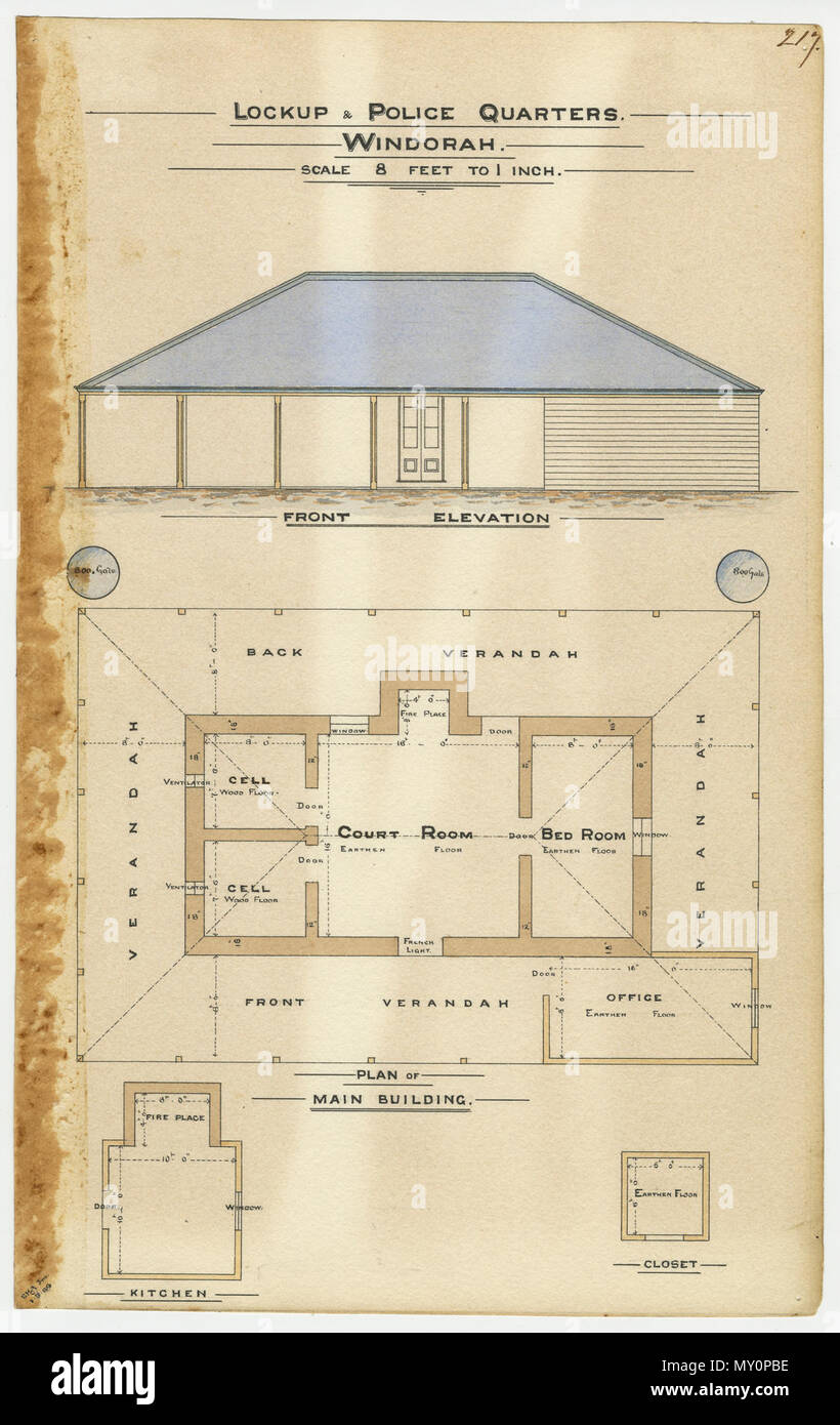Architectural drawing of the Lockup and Police Quarters, Windorah, 1. The Western Champion 9 May 1884  WINDORAH CORRESPONDENCE. 79726925 )   Our fellow townsman, Mr. M. Connolly, is the successful tenderer for the new police quarters, and as soon as the roads are again open for travelling, and weather will permit, he will start on the job. The acceptance of Connolly's tender has given general satisfaction. Stock Photo