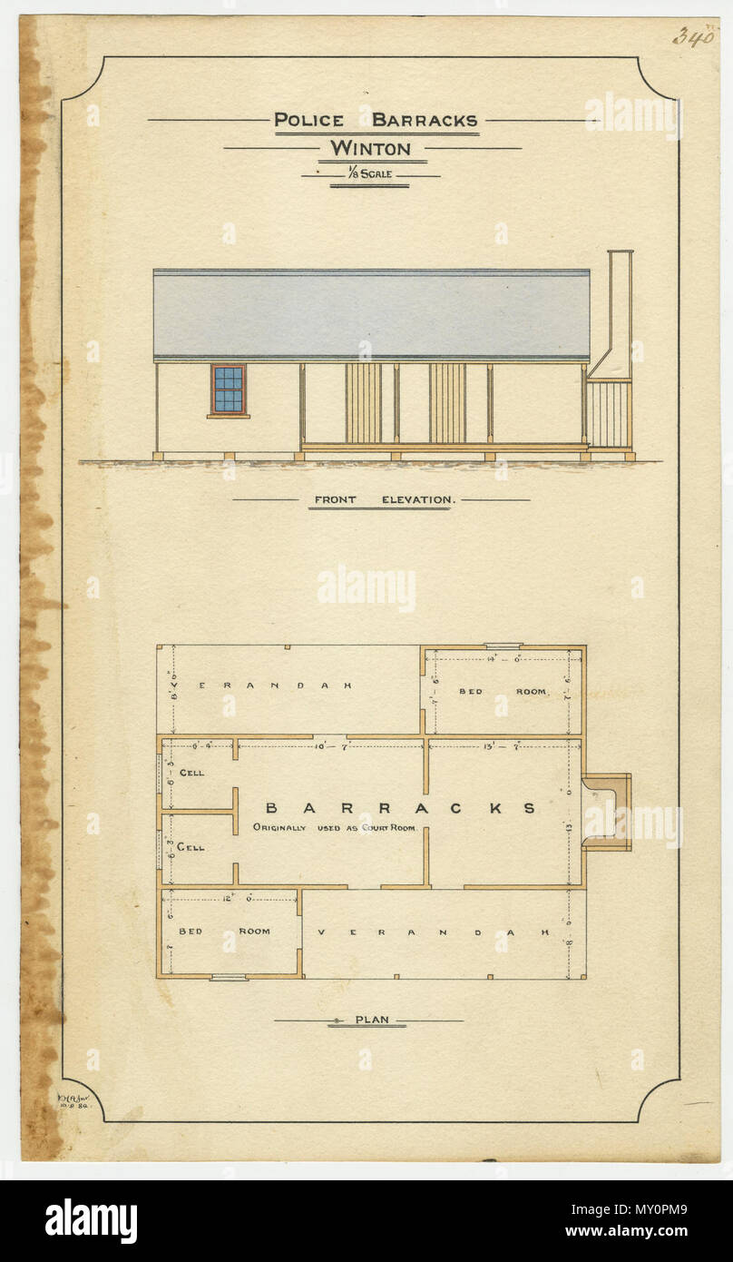 Architectural drawing of the Police Barracks, Winton, 10 September 1884