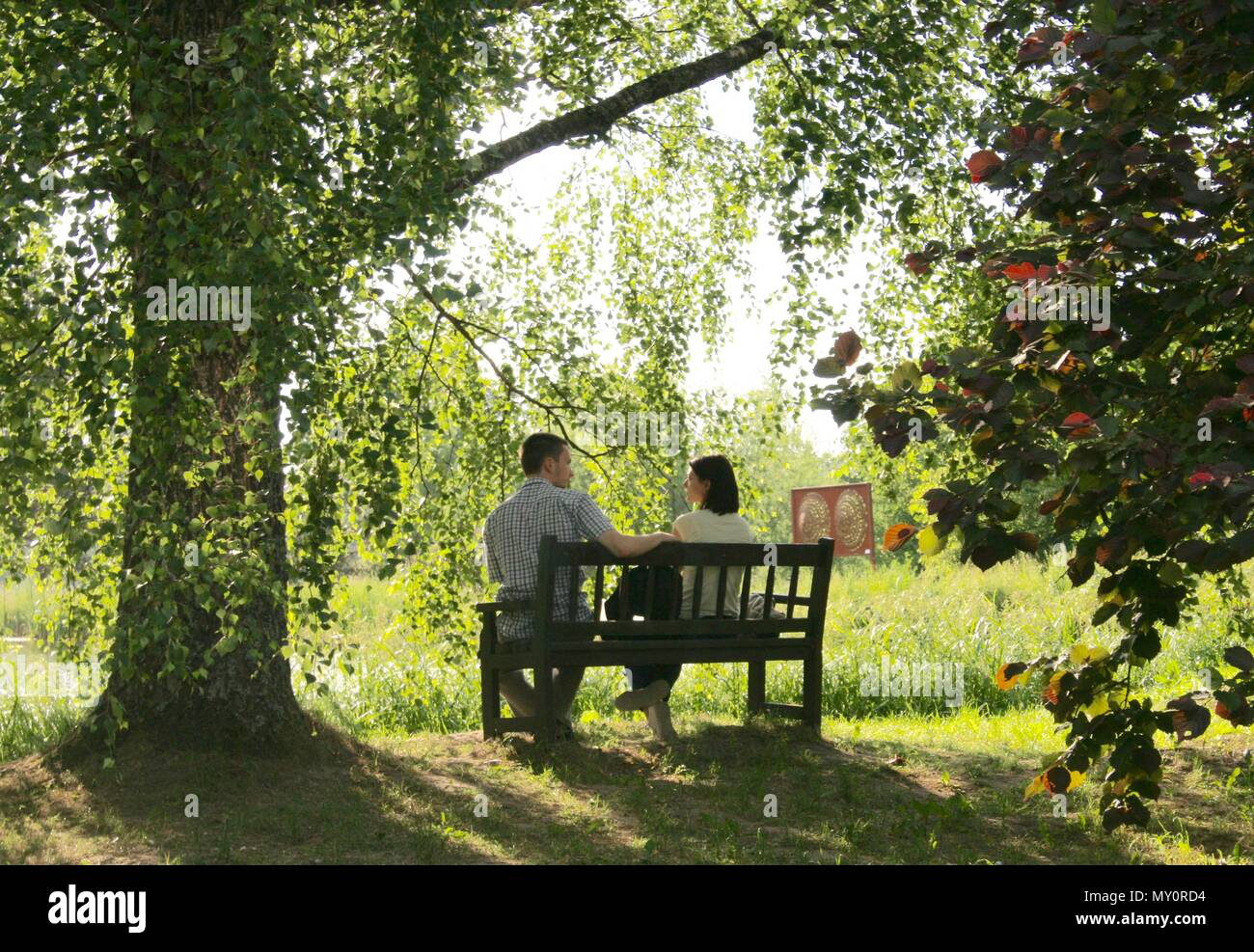 Couple sitting on a bench in a park at sunset in an idyllic atmosphere Stock Photo