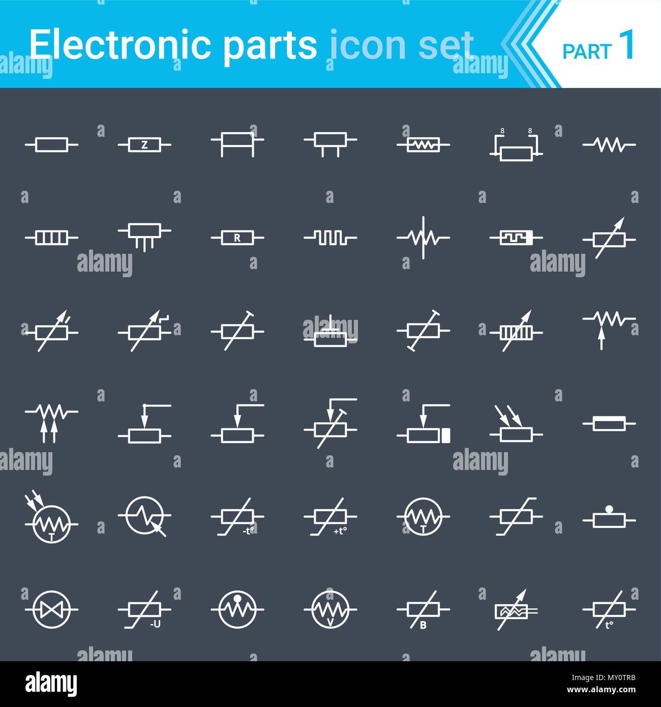 Electric and electronic icons, electric diagram symbols. Resistors. Stock Vector