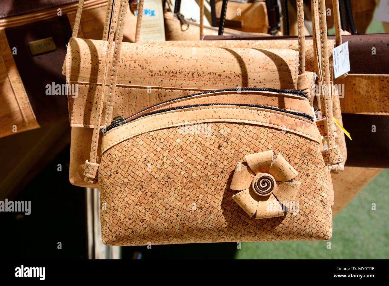 Cork handbags for sale outside a shop in the old town, Silves, Portugal,  Europe Stock Photo - Alamy