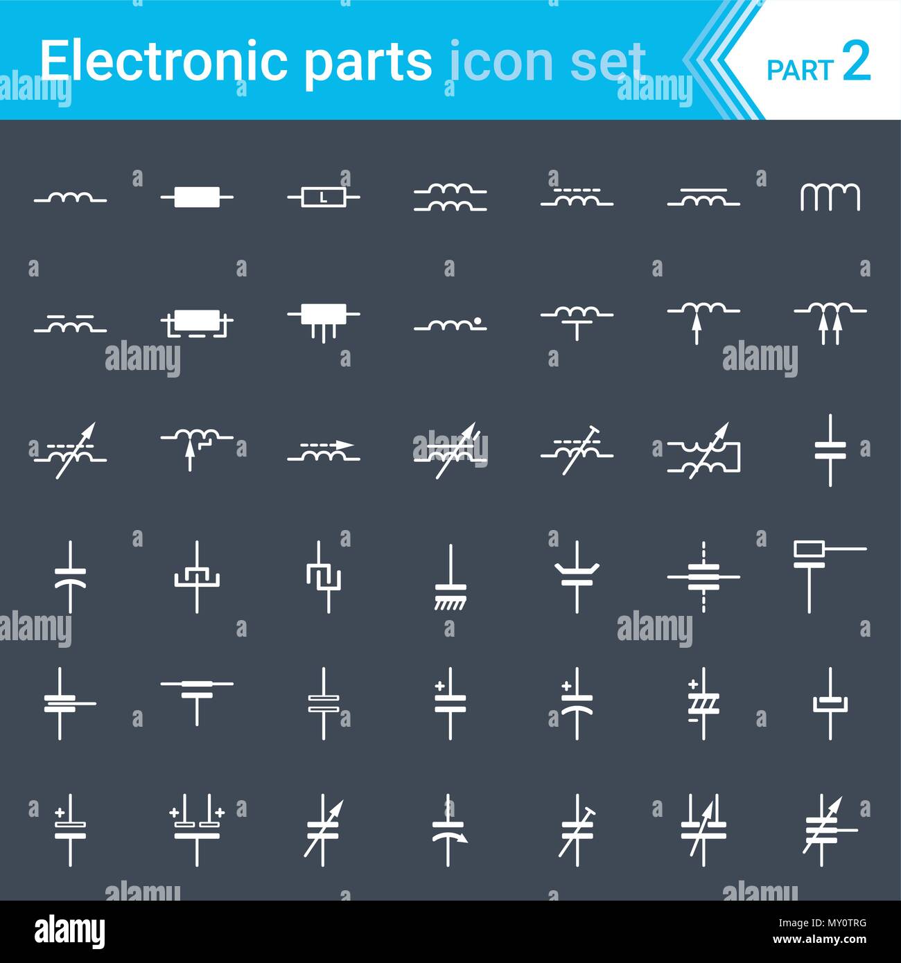 Electric and electronic icons, electric diagram symbols. Inductors, coils, capacitors and electric condensers. Stock Vector