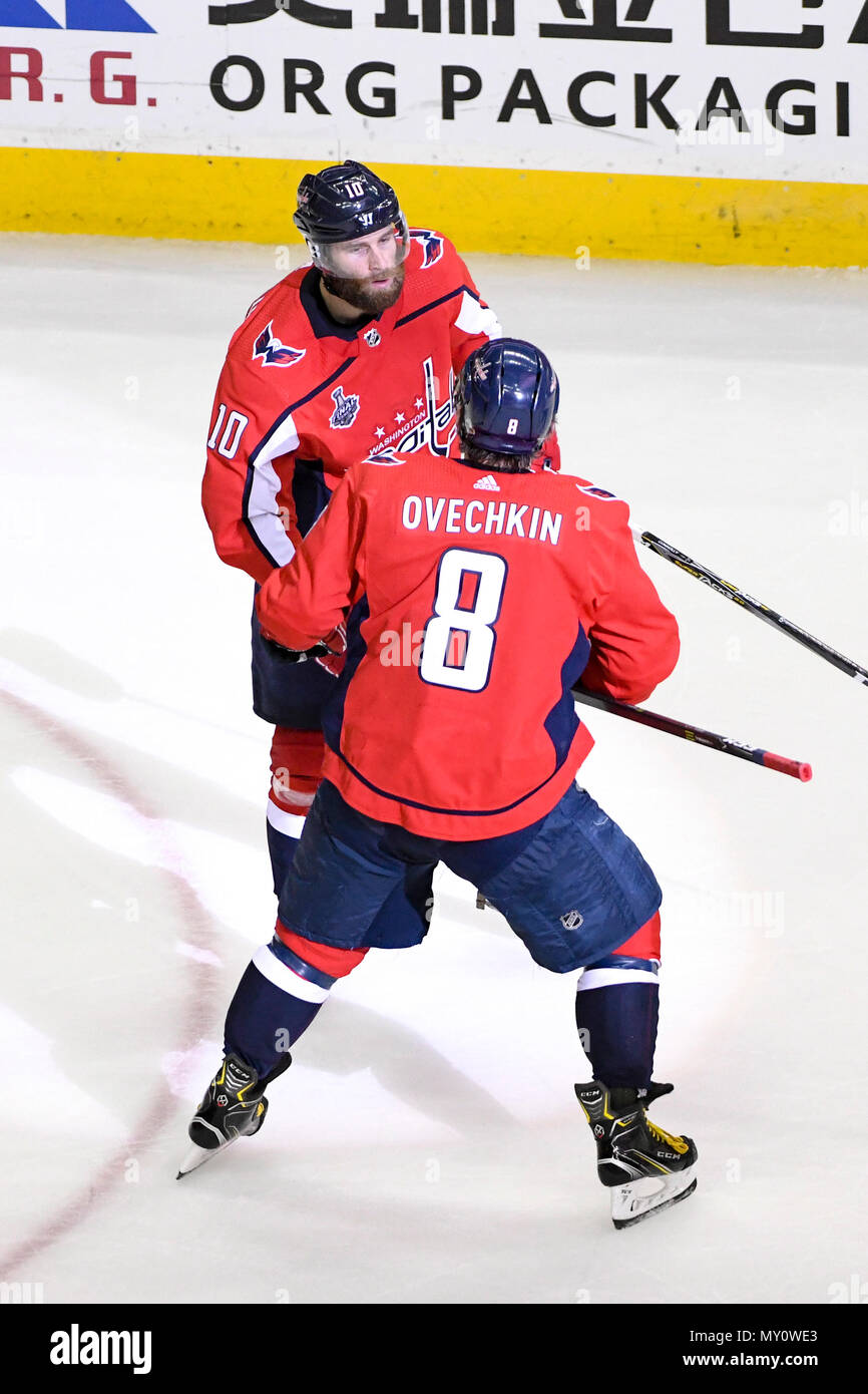 Washington DC, USA. 4th June, 2018. Washington Capitals right wing Brett Connolly (10) is congratulated by left wing Alex Ovechkin (8) after scoring a power play goal in the third period on June 4, 2018, at the Capital One Arena in Washington, DC in Game 4 of the Stanley Cup Playoffs. The Washington Capitals defeated the Vegas Golden Knights. 6-2. Credit: Action Plus Sports Images/Alamy Live News Stock Photo