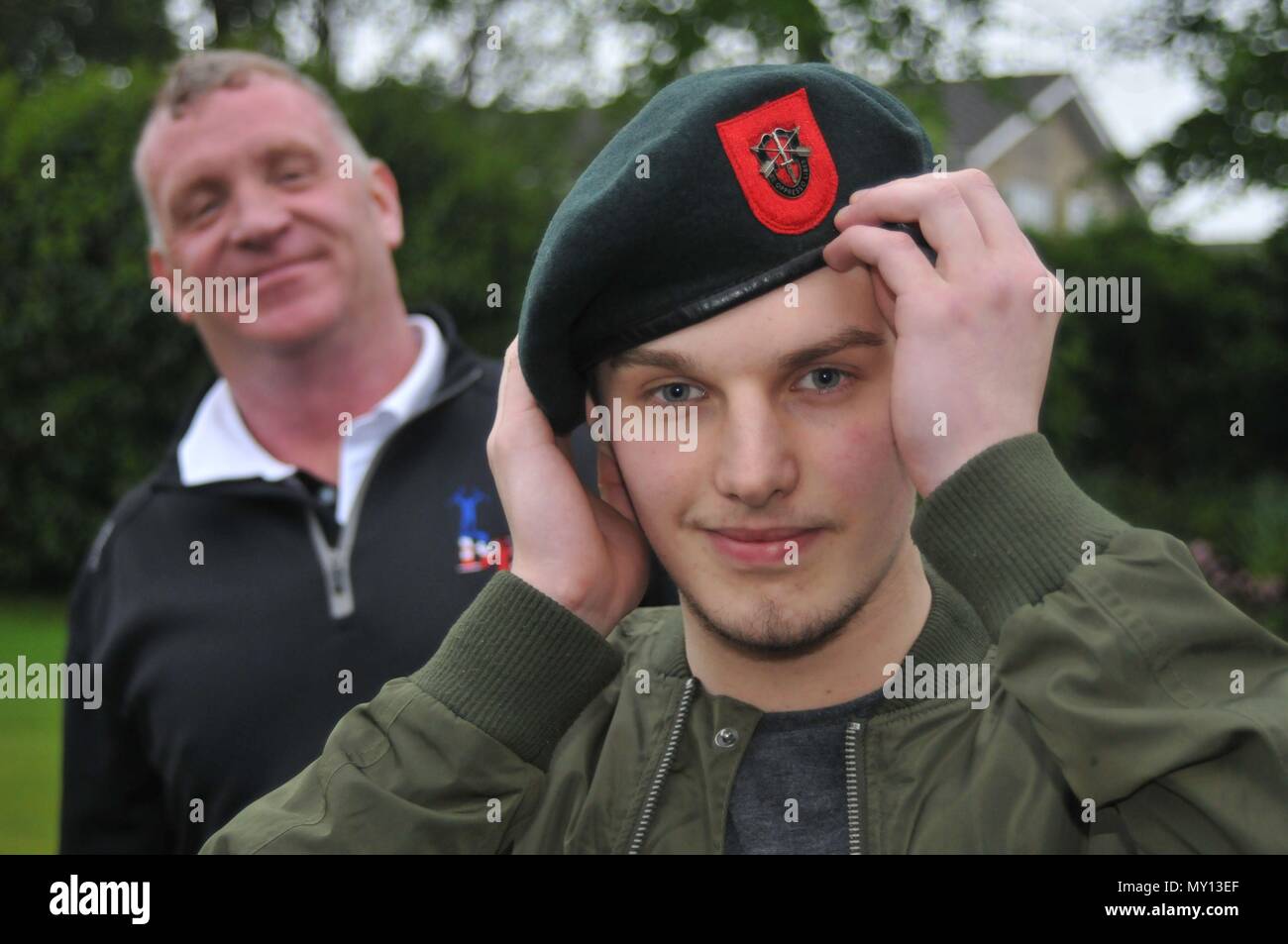 Leeds, West Yorkshire. 5th June, 2018. HATS OFF TO CHRIS: Army hopeful  Chris Collington, from Leeds, shows off a Green Beret, sent to him from US  Army Veteran Capt Mike Rose of
