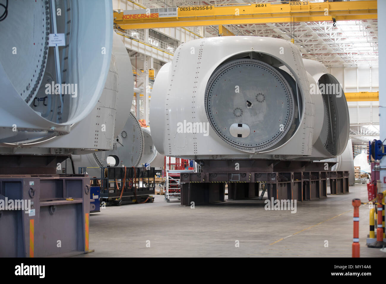 05 June 2018, Germany, Cuxhaven: Components in the production hall of the  Siemens Gamesa Offshore Machine Housing factory. The factory is already in  its final stages since July 2017. Siemens is aiming