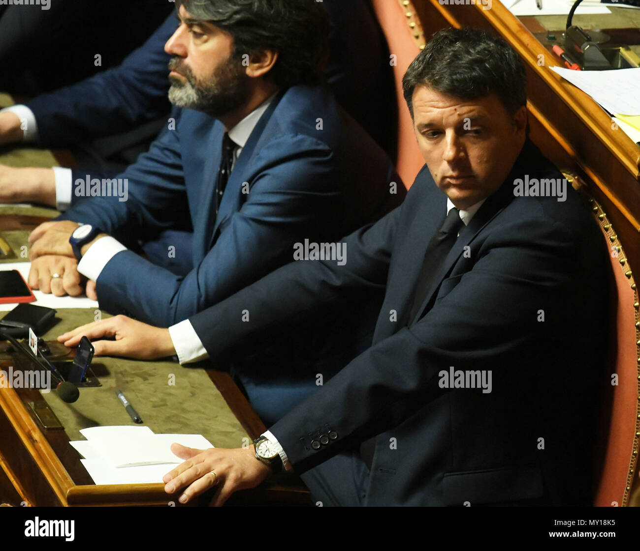 Rome, Italy. 5th June, 2018. Former Italian Prime Minister Matteo Renzi (R), now a senator, is seen in Senate in Rome, Italy, on June 5, 2018. The new Italian government led by Prime Minister Giuseppe Conte on Tuesday won the confidence vote in Senate. Credit: Alberto Lingria/Xinhua/Alamy Live News Stock Photo