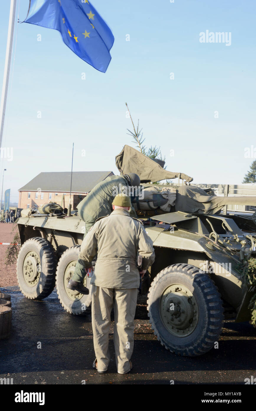 Static display of old American vehicles inside the Bastogne Barracks during the World War2 Battle of Bulge's commemoration, in Bastogne, Belgium, Dec 10, 2016.  Bastogne Barracks is the interpretation center of WW2, detachment of Royal museum Belgium Army. (U.S. Army photo by Visual Information Specialist Pascal Demeuldre) Stock Photo