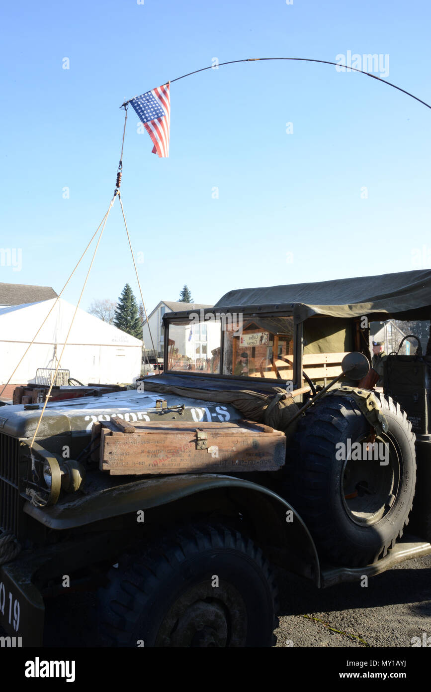 Static display of old American vehicles inside the Bastogne Barracks during the World War2 Battle of Bulge's commemoration, in Bastogne, Belgium, Dec 10, 2016.  Bastogne Barracks is the interpretation center of WW2, detachment of Royal museum Belgium Army. (U.S. Army photo by Visual Information Specialist Pascal Demeuldre) Stock Photo