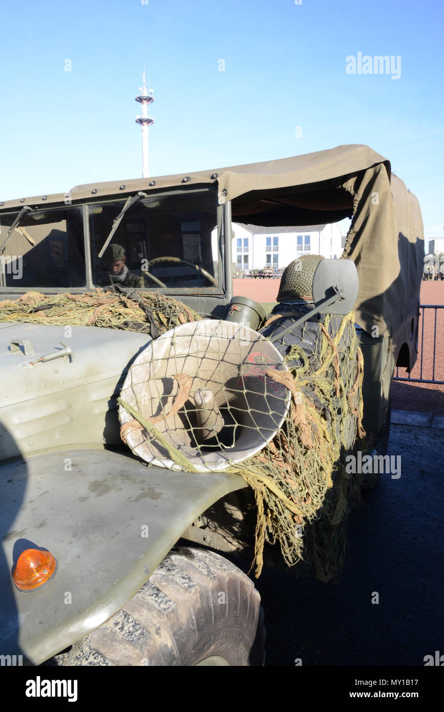 Static display of old American vehicles inside the Bastogne Barracks during the World War2 Battle of Bulge's commemoration, in Bastogne, Belgium, Dec 10, 2016.  Bastogne Barracks is the interpretation center of WW2, detachment of Royal museum Belgium Army. (U.S. Army photo by Visual Information Specialist Pascal Demeuldre) Stock Photo