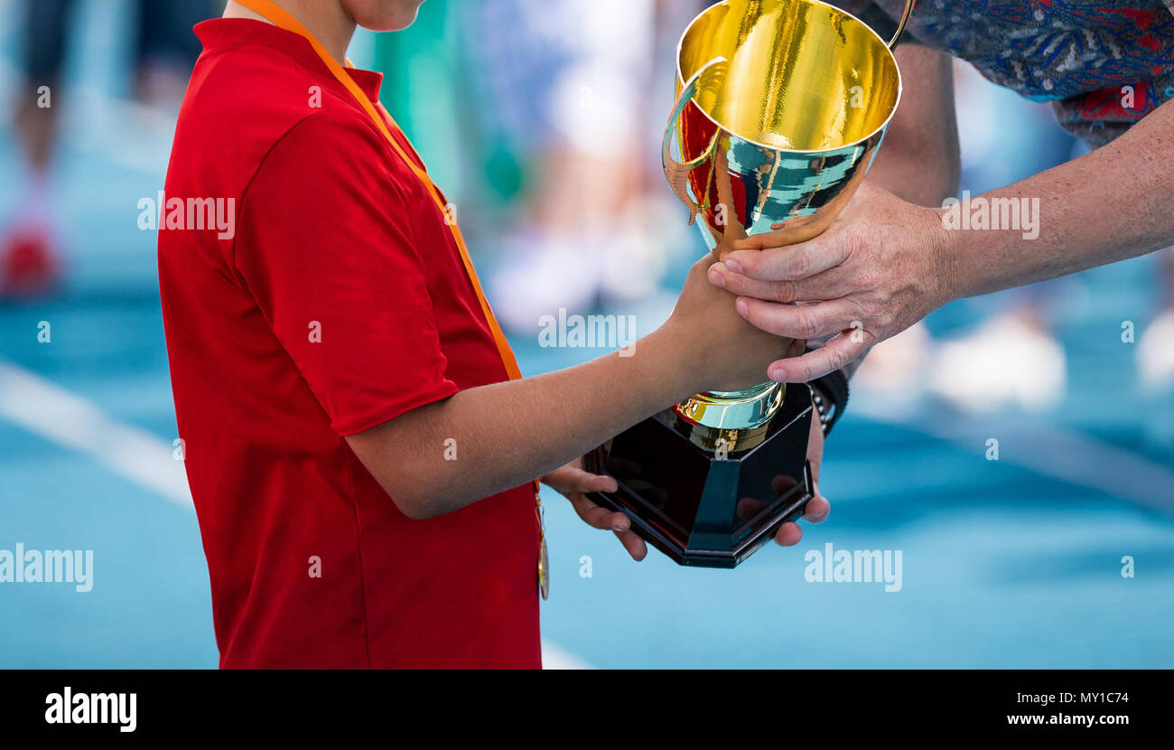 Child in a sportswear receiving a golden cup. Young atlete winning the sports school competition. Boy with golden medal getting an award for the best  Stock Photo