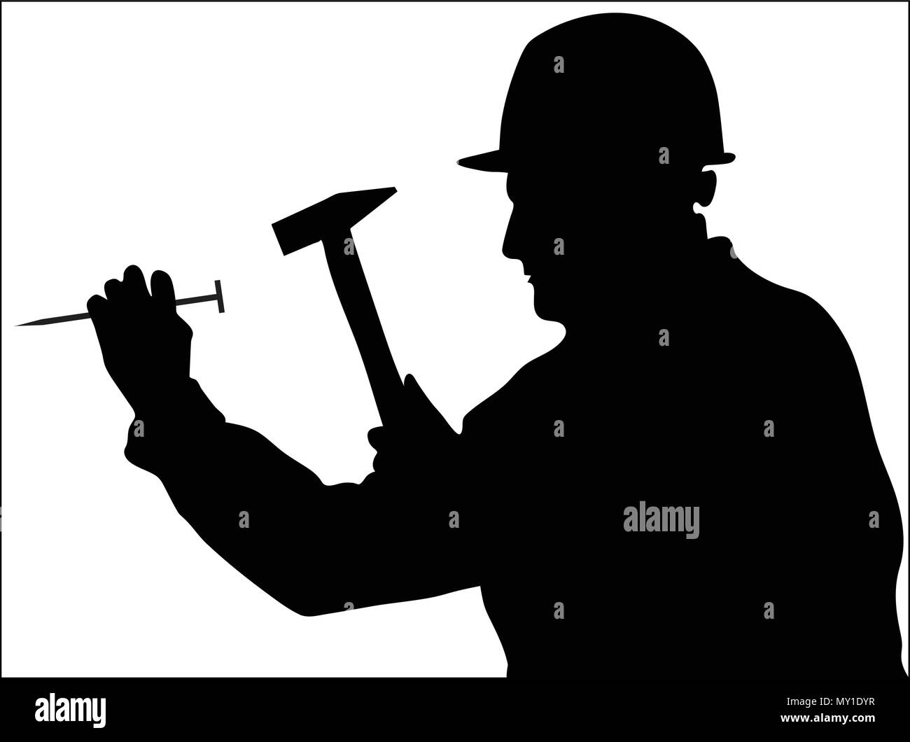 man uses a hammer to hit a nail vector silhouettes Stock Vector