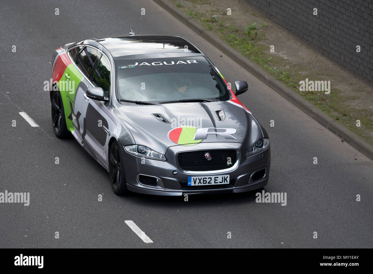 Jaguar XJ R-Sport  in a Performance Heritage Cars Speed Demonstration Lap on Coventry Ring Road. Stock Photo