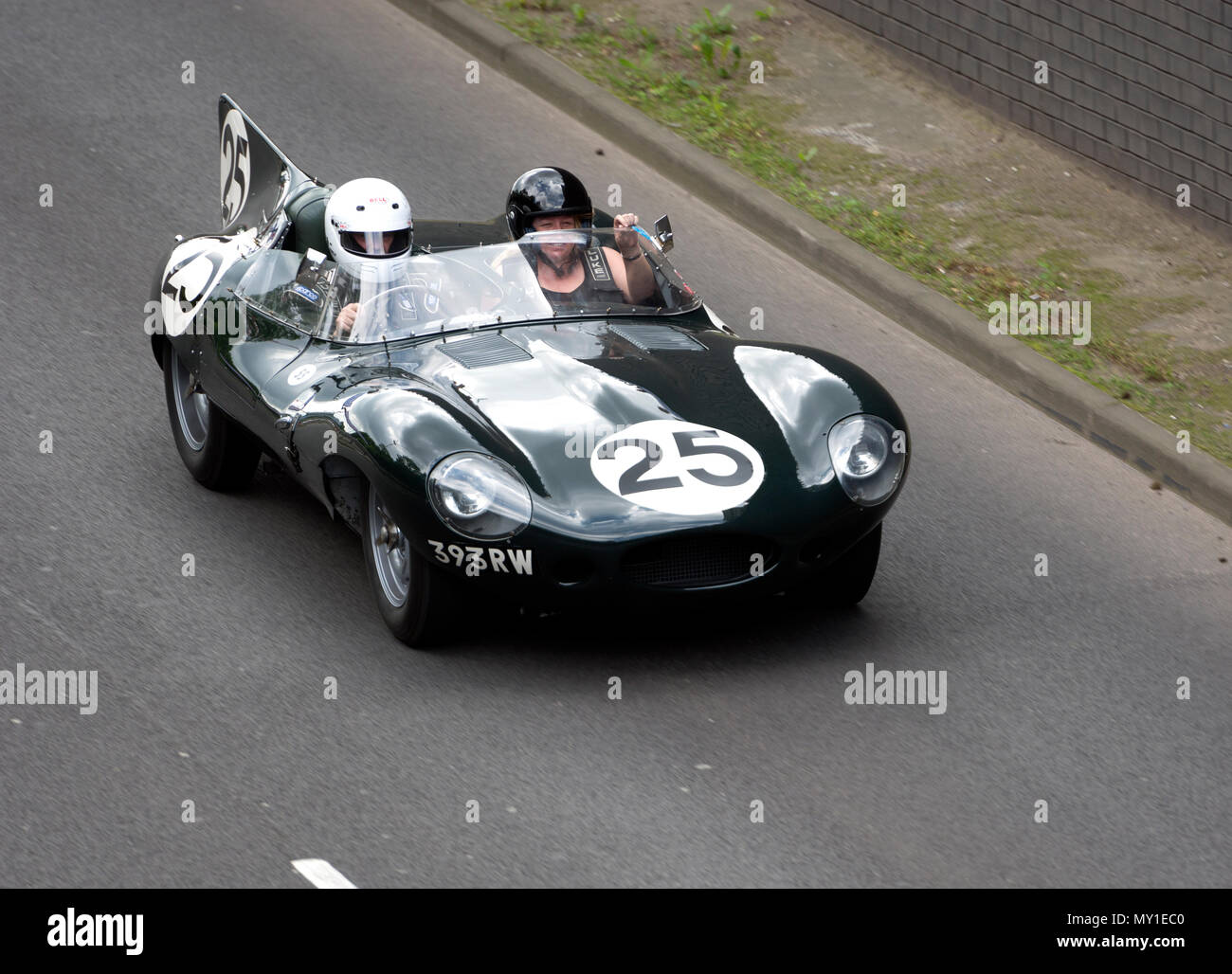 1955 Jaguar D-Type in a Performance Heritage Cars Speed Demonstration Lap on Coventry Ring Road. Stock Photo