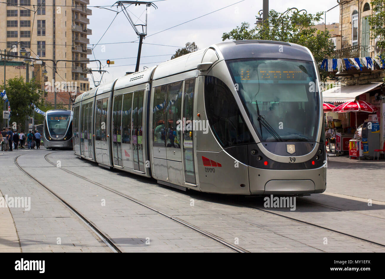 9 May 2018 An electric powered tram on the modern light rail system that forms a vital part of the travel network in the city of Jerusalem Israel. Stock Photo