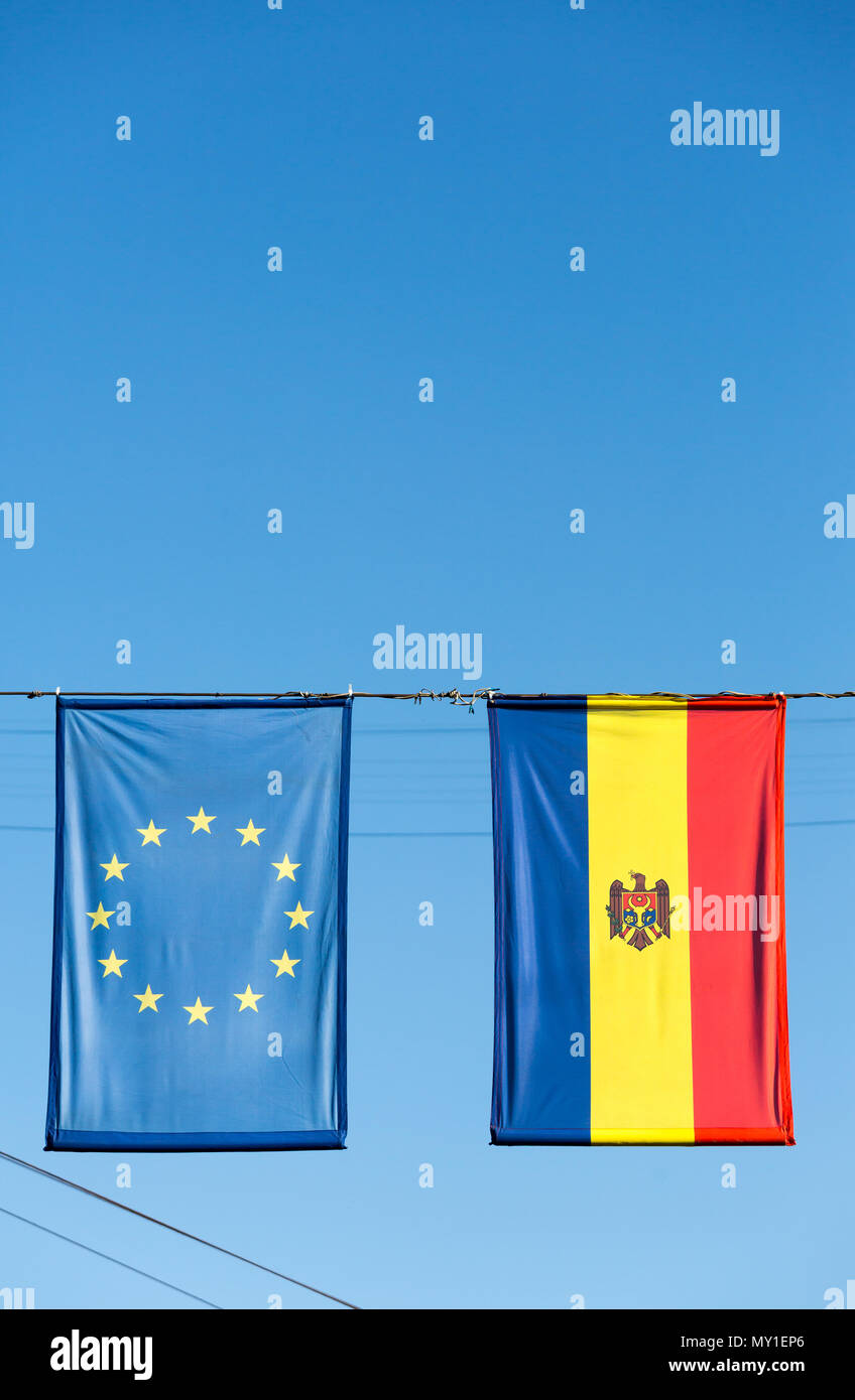 Chisinau, Moldova, EU flag and flag of Moldova Stock Photo