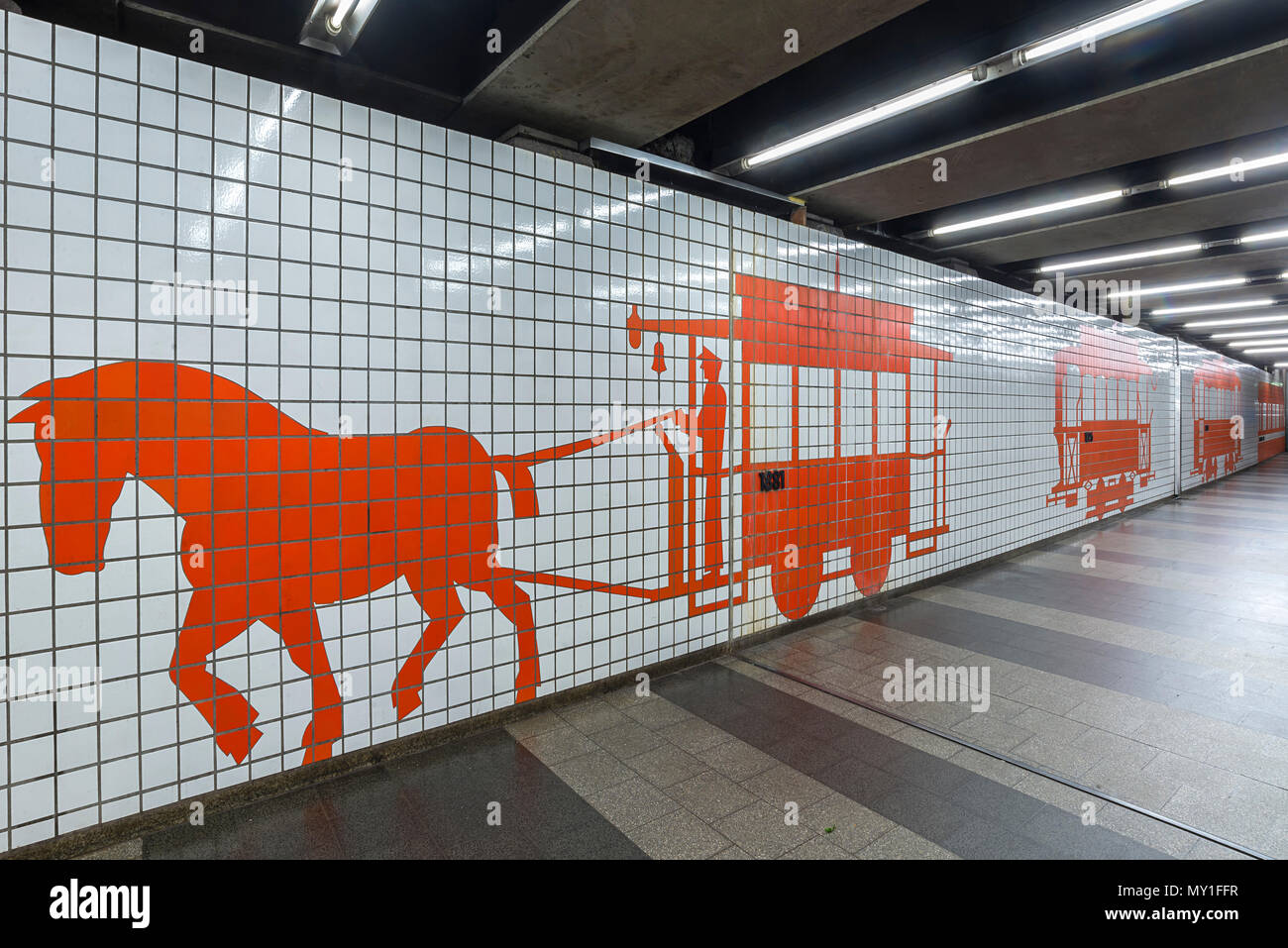 Tile mosaic: Horse pulls tramcar, subway station Plarrer, Nuremberg, Middle Franconia, Bavaria, Germany Stock Photo