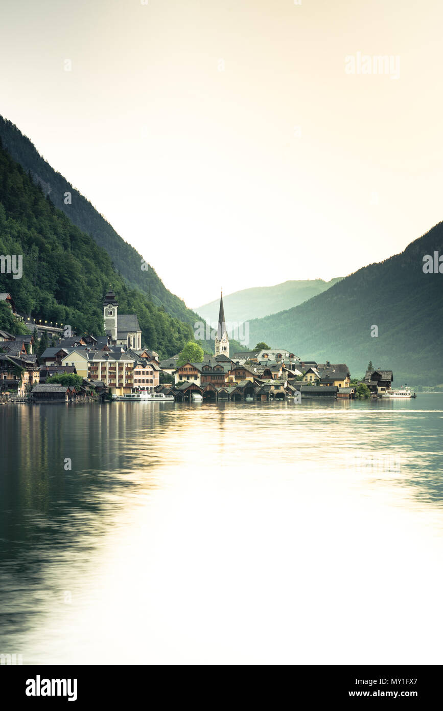 Sunrise over famous Hallstatt fisherman village, Austria Stock Photo ...