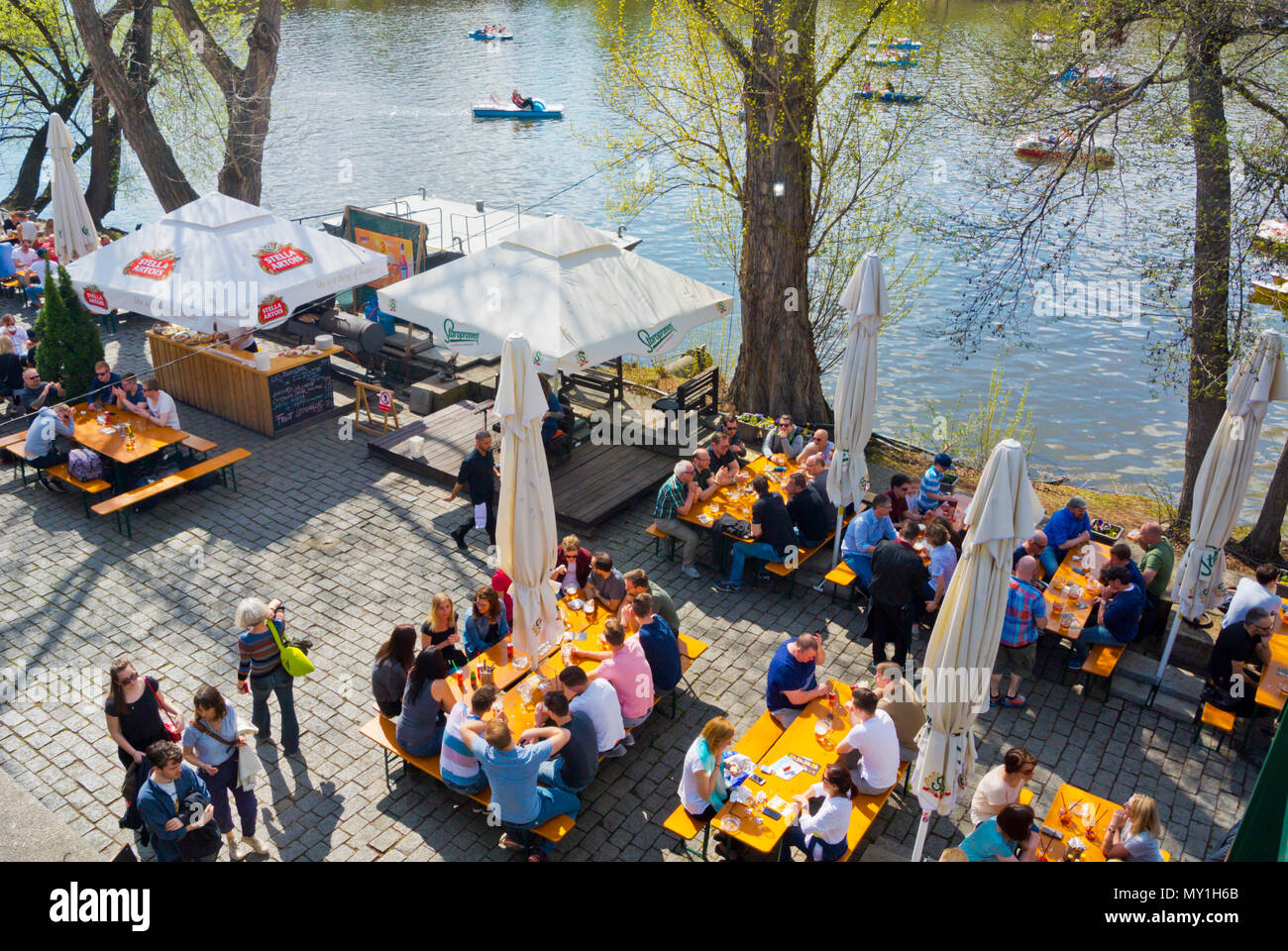 Summertime riverside terrace restaurant, Prague, Czech Republic Stock Photo