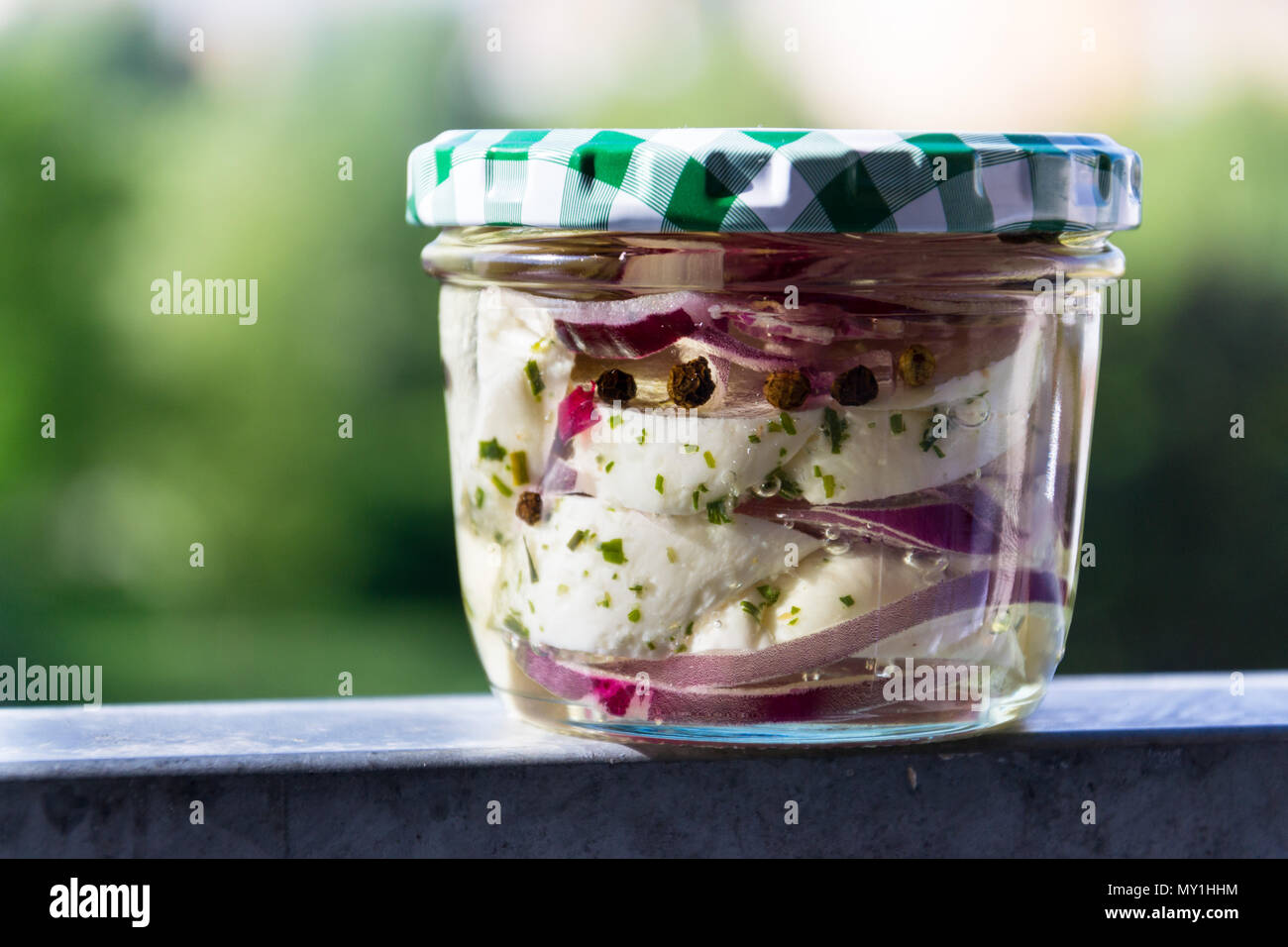 Marinated pickled cheese in oil with onions in glass jar Stock Photo