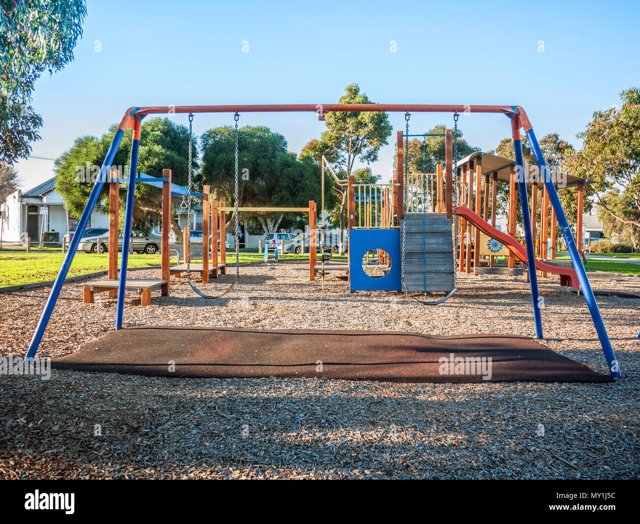 Recreational equipments at a children's playground in Melbourne's residential neighbourhood. Footscray, VIC Australia Stock Photo
