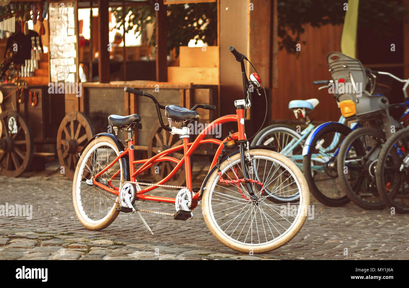 Retro-style tandem bicycle on Rynok Sq. Lviv, Ukraine Stock Photo