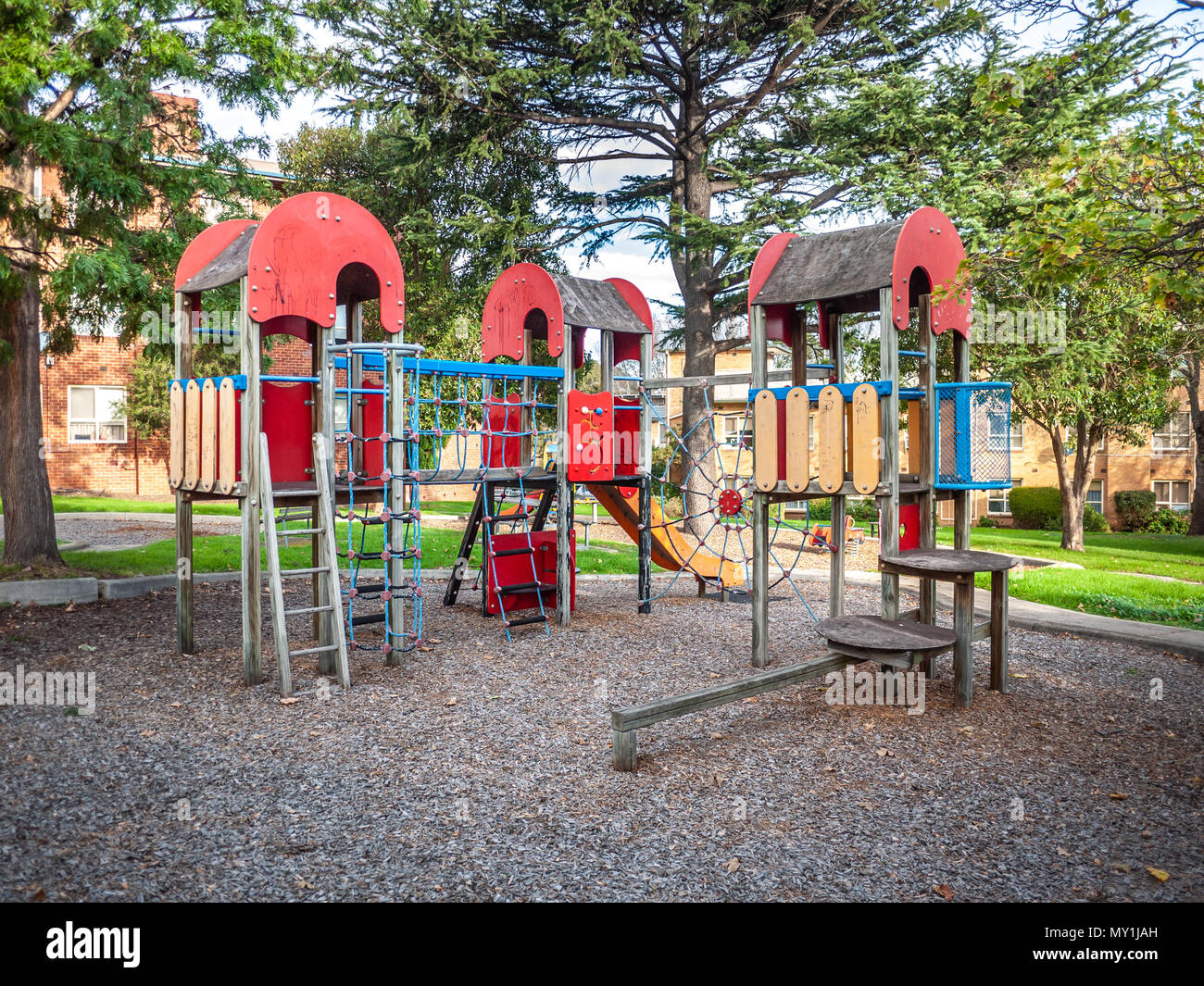 Recreational equipments of a modern playgrounds in Melbourne's residential neighbourhood. North Melbourne, VIC Australia Stock Photo