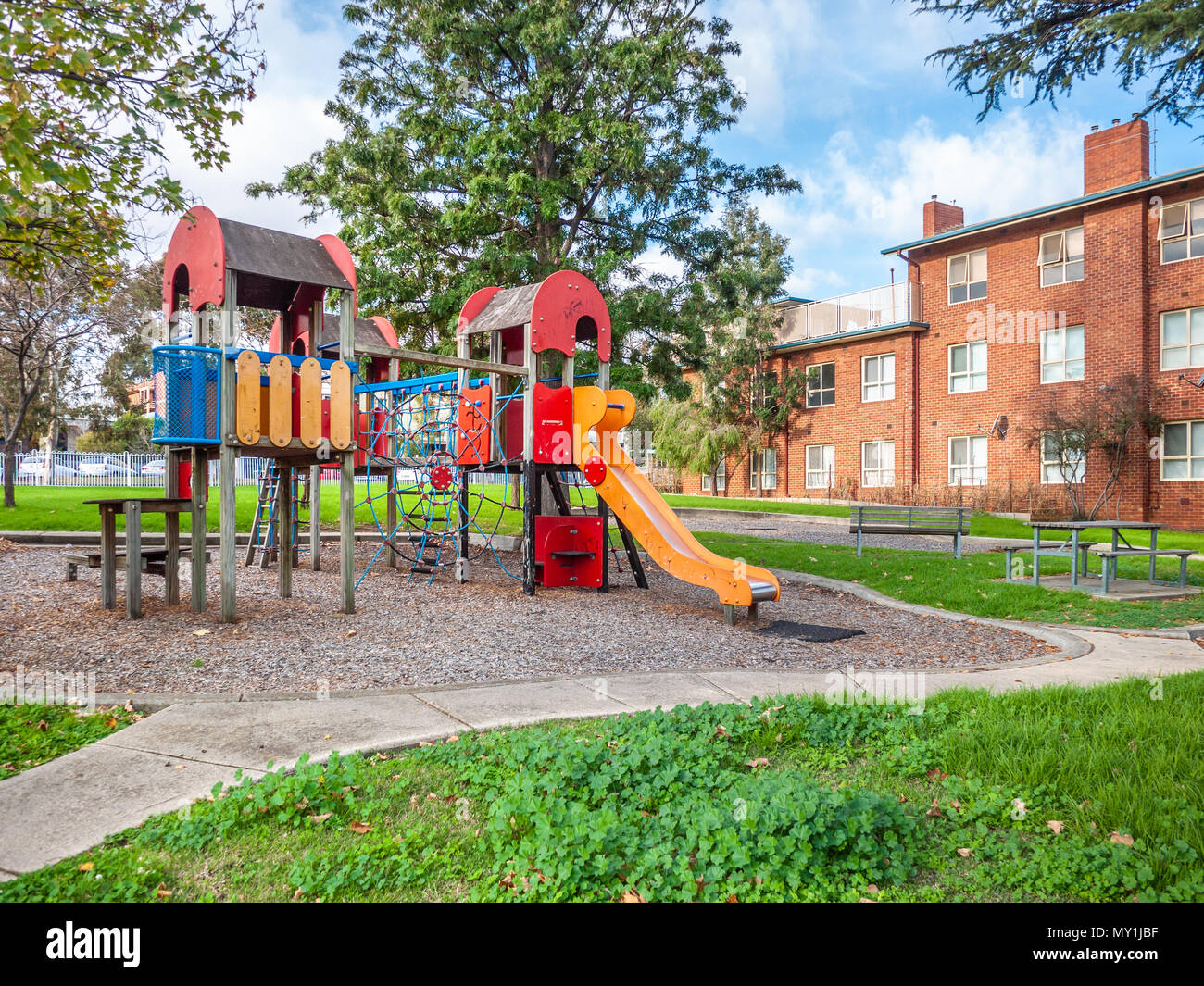 Recreational equipments of a modern playgrounds in Melbourne's residential neighbourhood. North Melbourne, VIC Australia Stock Photo