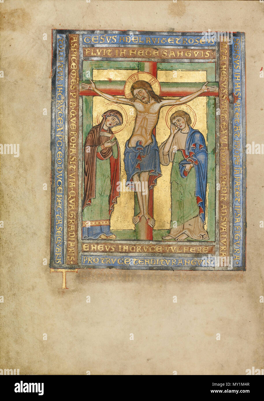 . English: Initial T: The Crucifixion; Unknown; Steinfeld, Germany; about 1180; Tempera colors, gold, silver, and ink on parchment; Leaf: 25.2 x 17.9 cm (9 15/16 x 7 1/16 in.); Ms. Ludwig V 4, fol. 67v . circa 1180. Unknown 502 Steinfeld Missal T Stock Photo