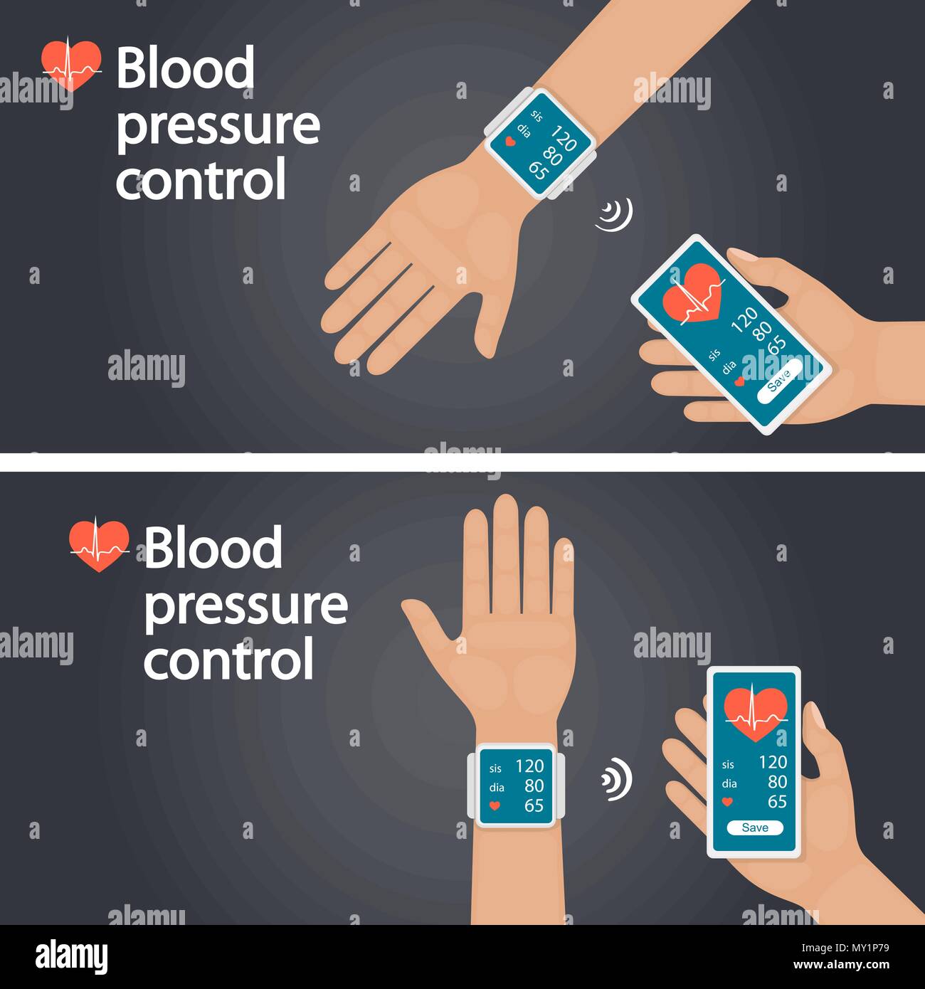 Measurement and monitoring of blood pressure with modern gadgets and mobile applications. Man checking arterial blood pressure with digital device ton Stock Vector