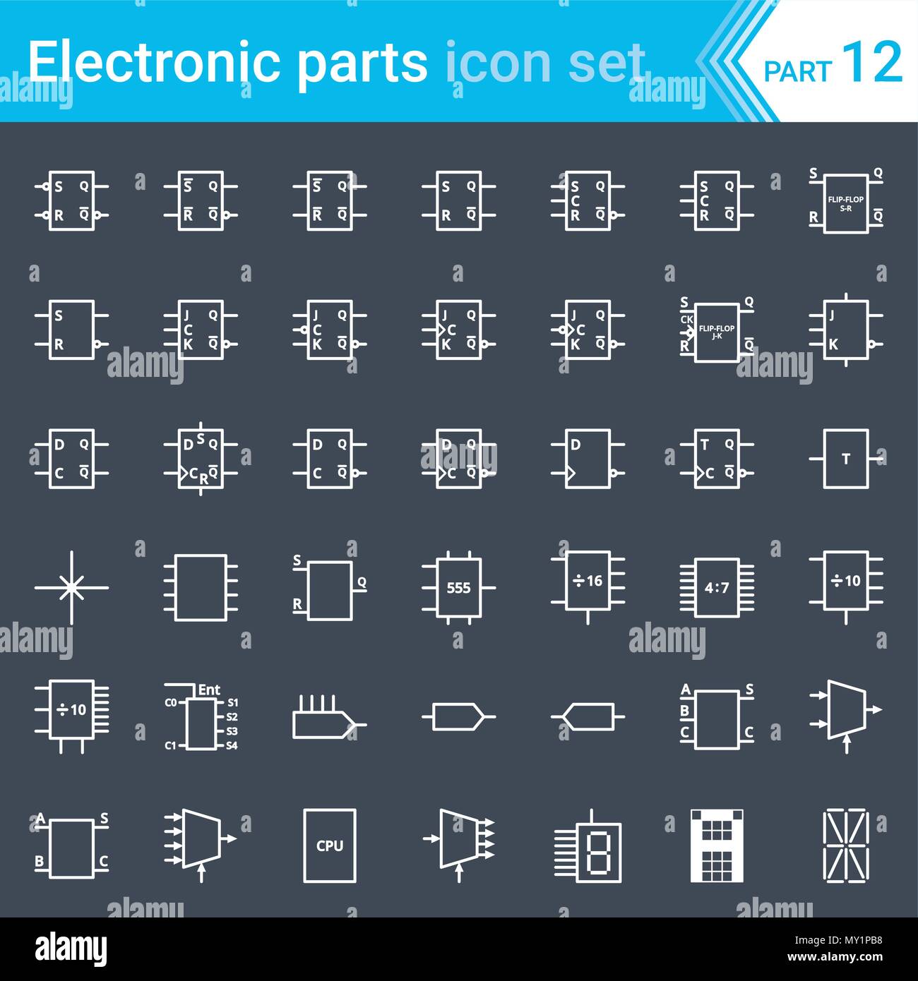 Electric and electronic icons, electric diagram symbols. Digital electronics, flip-flop, logic circuit, display, programming conventions. Stock Vector