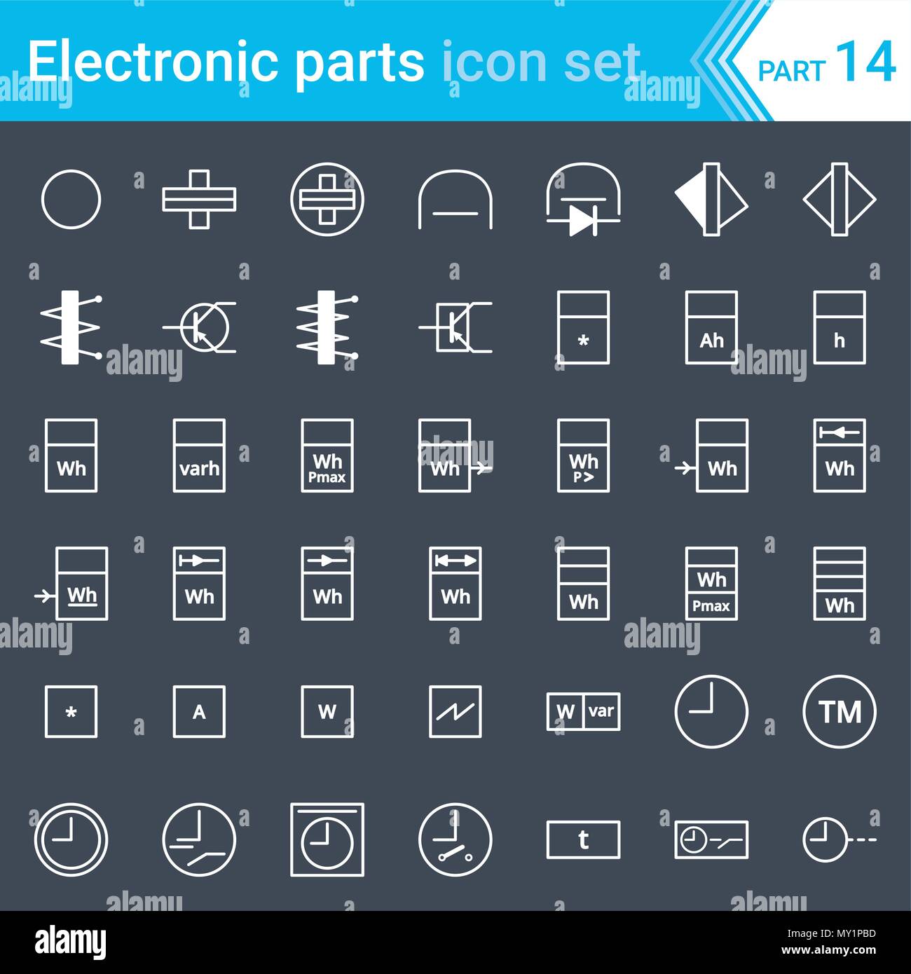 Electric and electronic icons, electric diagram symbols. Electrical instrumentation, meters, recorders, counters, integrators, registrars, clocks. Stock Vector