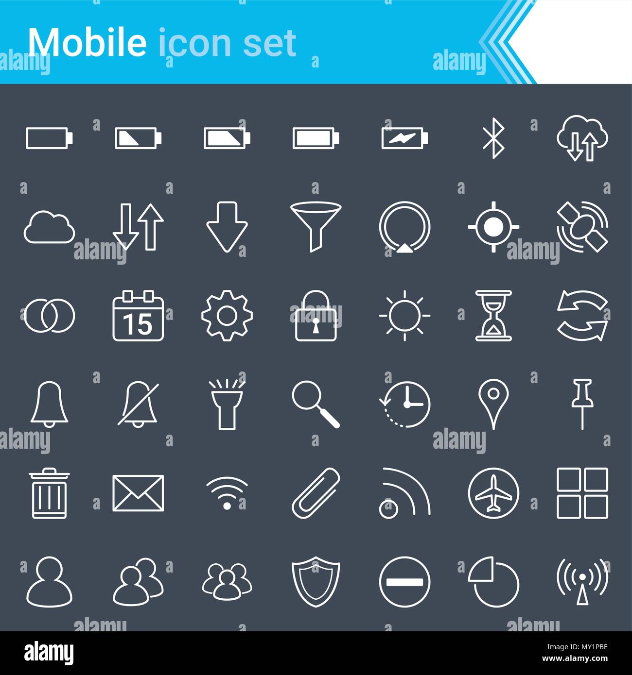 Modern, stroked mobile phones icons isolated on dark background. Stock Vector
