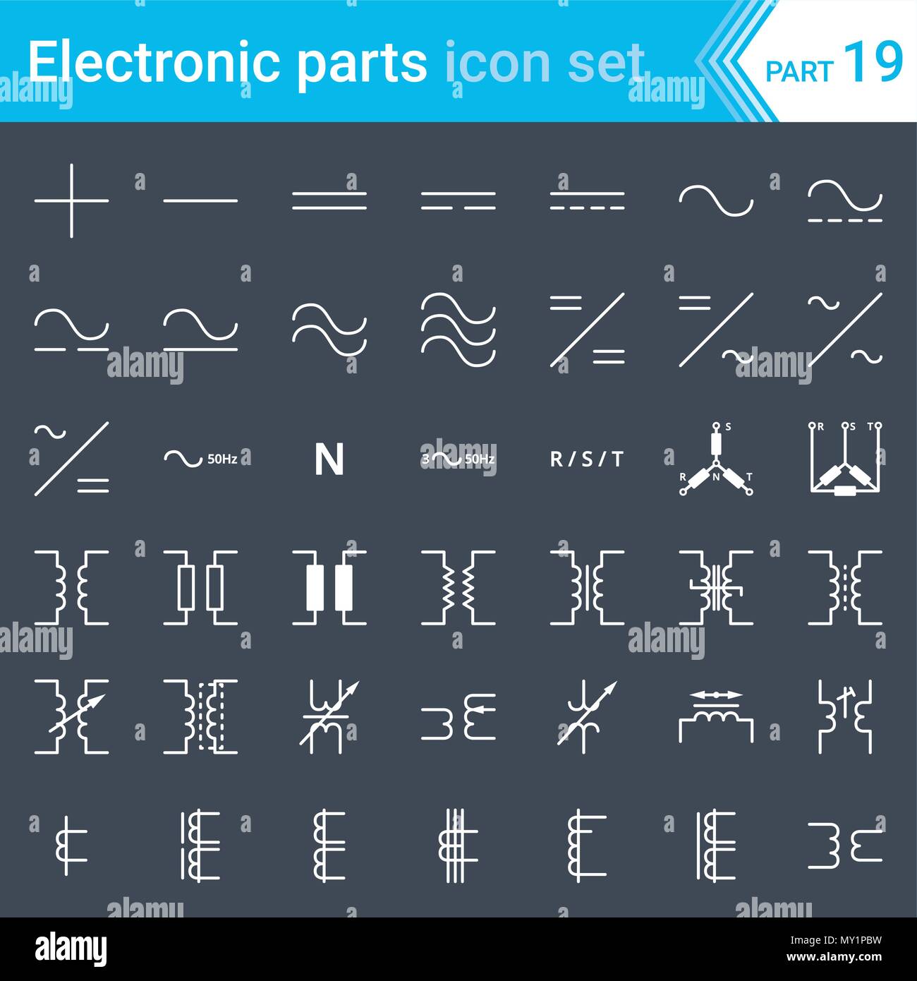 Electric and electronic icons, electric diagram symbols. Current, three-phase connections and electrical transformers. Stock Vector