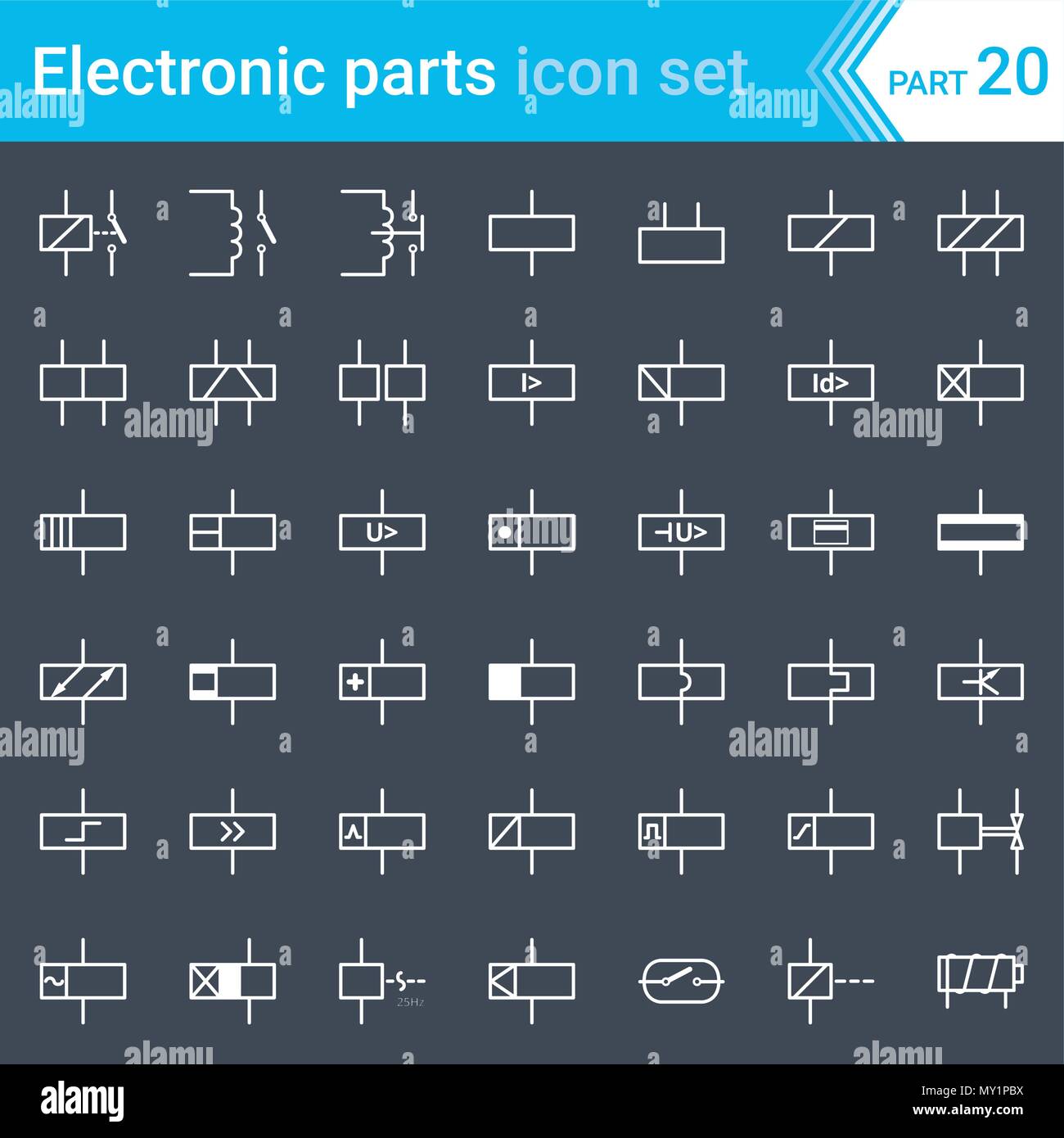 Electric and electronic icons, electric diagram symbols. Relays and electromagnets. Stock Vector