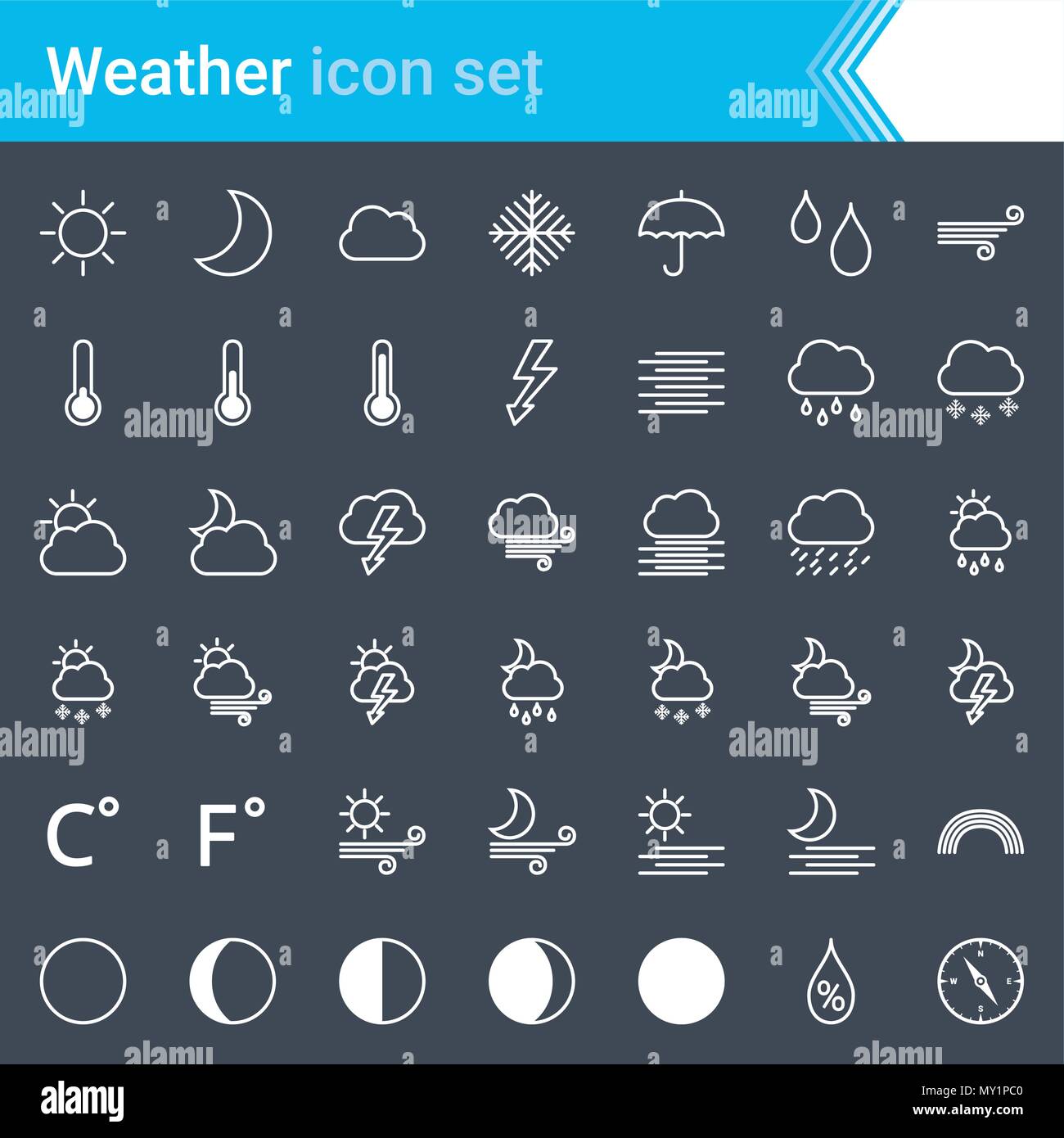 Modern, stroked weather icons isolated on dark background. Stock Vector