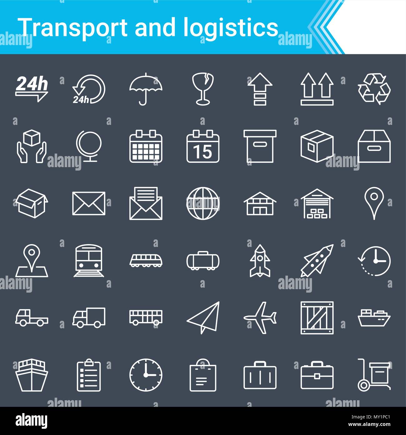 Modern, stroked logistics and transport icons isolated on dark background Stock Vector