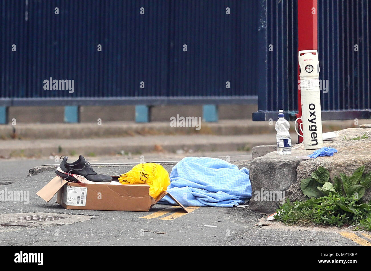 Evidence on the side of a road in Bray, Co Wicklow, following a shooting at a boxing club in The Harbour area of the town. Stock Photo