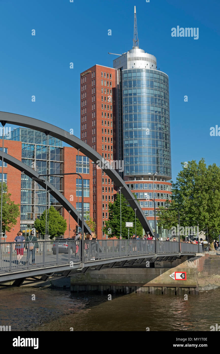 Columbus Haus Hanseatic Trade Center and Niederbaumbrücke bridge. Hamburg Germany Stock Photo