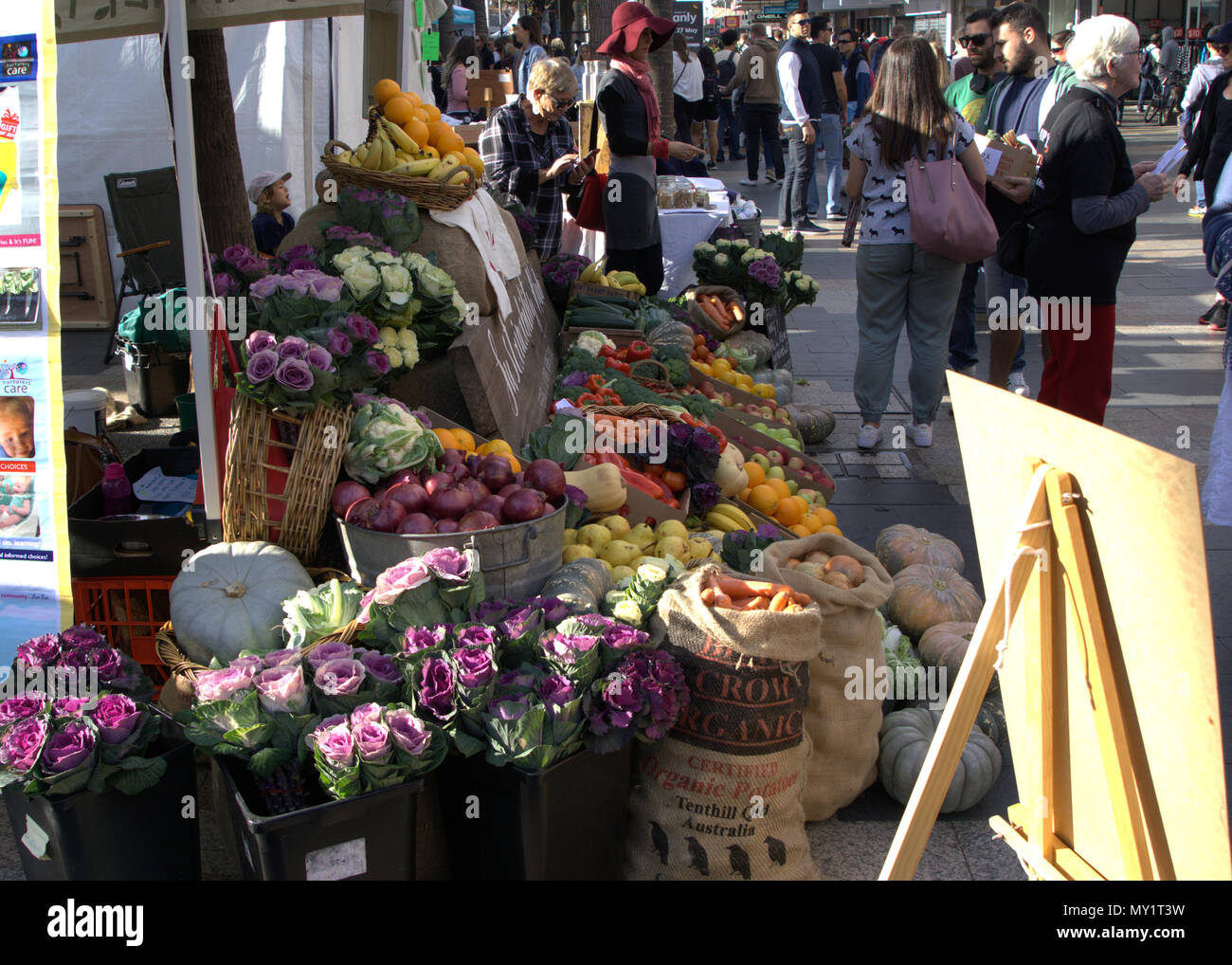 Scene of market in Australia. Flowers, fruits and vegetables shop in